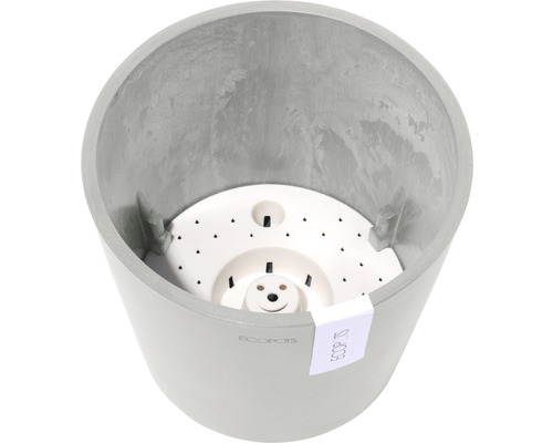 Invändig vy av en grå blomkruka med bevattningsinsats