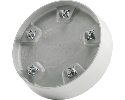 Undersida av en rund blomkruka med fem hjul