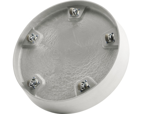 Undersida av en rund blomkruka med hjul