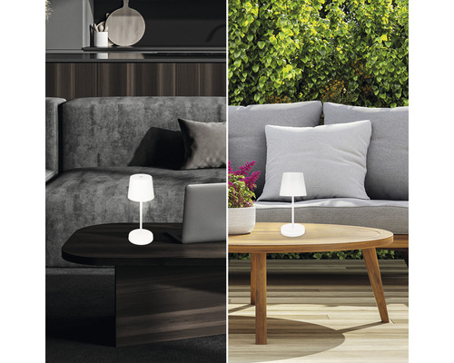 Dekorativ bordslampa för inom- och utomhusbruk på bord i vardagsrums- och trädgårdsmiljö.