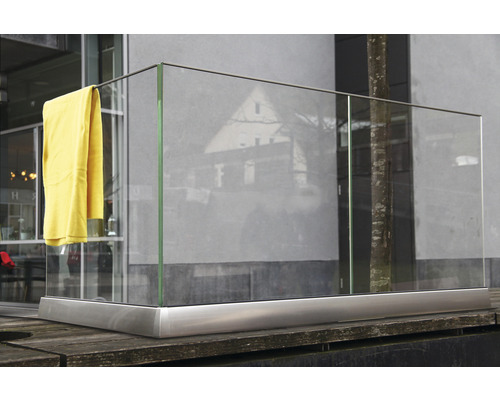 Glasräcke med ram i rostfritt stål och gul duk