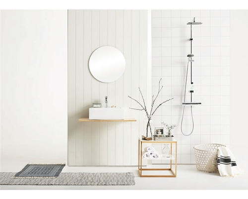 Badrum med handfat, spegel, dusch, hylla och badrumsmatta