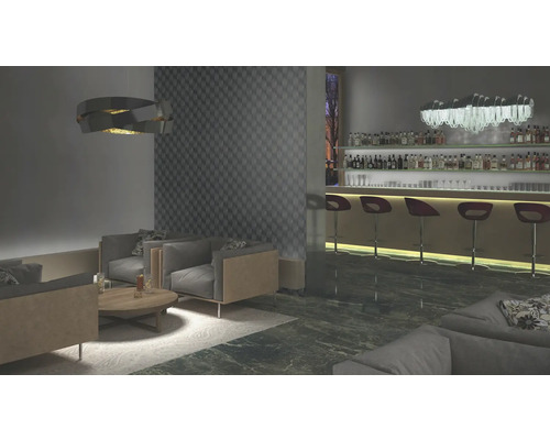 Interiör med sittgrupp, bar och modern belysning