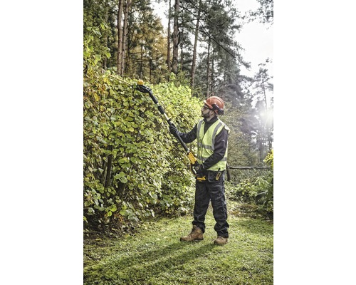 Man klipper häck med en batteridriven häcksax i trädgården.