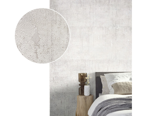 Ljust sovrum med vit strukturtapet och förstorad detaljvy