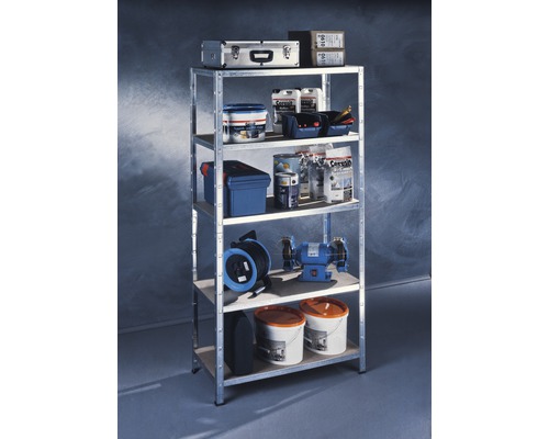 Hylla med fem nivåer och diverse verktyg och behållare