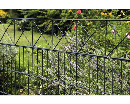 Dubbelstavsmatstängsel med växter i trädgården