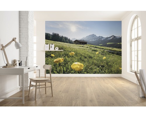 Fototapet med bergslandskap och alpstuga i ett ljust rum