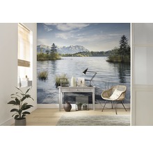 Vardagsrum med en fotovägg som visar en sjö och berg, samt ett bord, en lampa och en stol.