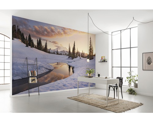 Rum med fototapet av en snöig bergssjö i solnedgången och minimalistisk kontorsinredning