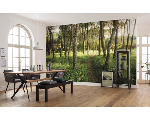 Matsal med skogstapet, matbord och sittbänk för en naturnära atmosfär.