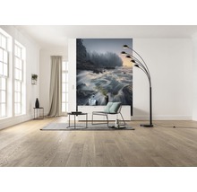 Ljust vardagsrum med trägolv, fototapet med flodmotiv och svart golvlampa.