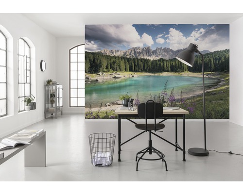 Ljust rum med en fotovägg som visar en sjö och berg, skrivbord och stol