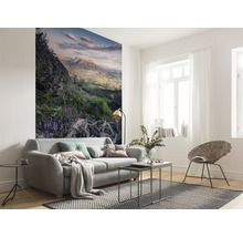 Ljust vardagsrum med soffa, matta och fototapet med bergmotiv