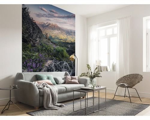 Ljust vardagsrum med soffa, matta och fototapet med bergmotiv