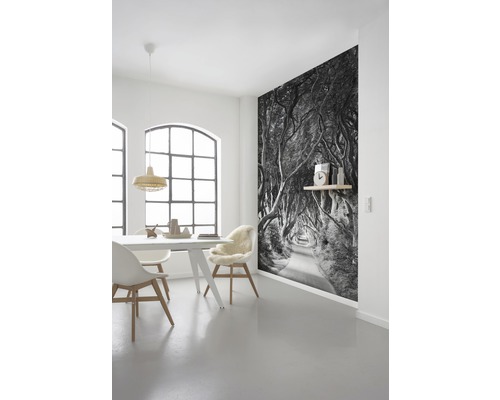 Ljust matrum med matbord, stolar och en fototapet med en trädallé