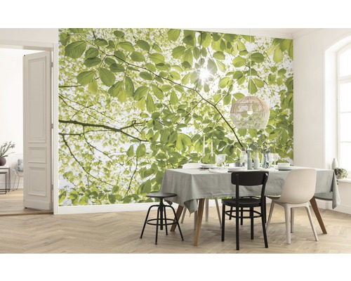 Vardagsrum med fototapet med bladverksmotiv, matbord och stolar