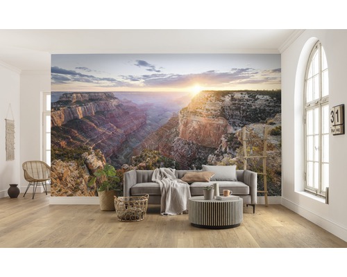 Vardagsrum med Grand Canyon fotovägg, soffa och dekoration