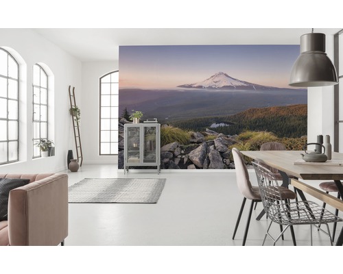 Ljust vardagsrum med fototapet av ett berg