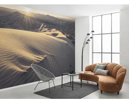 Vardagsrum med fototapet öken, fåtölj, soffa och golvlampa