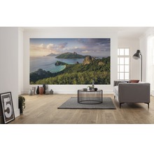 Vardagsrum med fototapet av en tropisk ö.