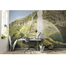 Vardagsrum med fototapet som visar ett vattenfall och en regnbåge, plus skrivbord och kontorsmöbler.