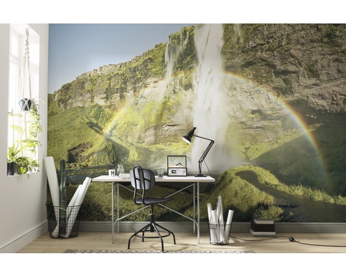 Vardagsrum med fototapet som visar ett vattenfall och en regnbåge, plus skrivbord och kontorsmöbler.