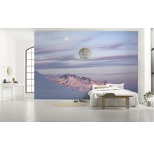 Vardagsrum med fototapet bergslandskap på vintern