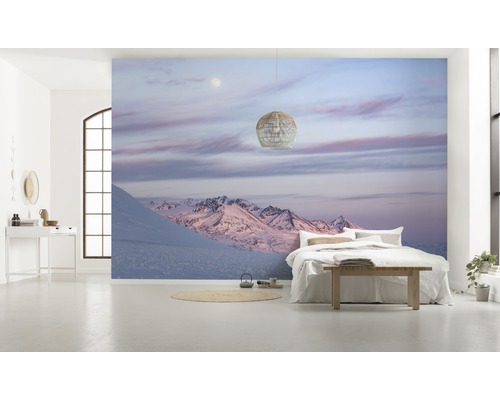 Vardagsrum med fototapet bergslandskap på vintern