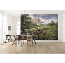 Matsal med fototapet av ett bergslandskap, bord och stolar