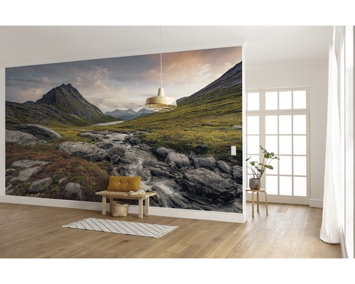 Vardagsrum med fototapet av ett bergslandskap