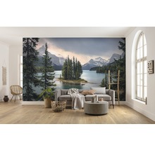 Vardagsrum med fototapet som visar en sjö, berg och träd