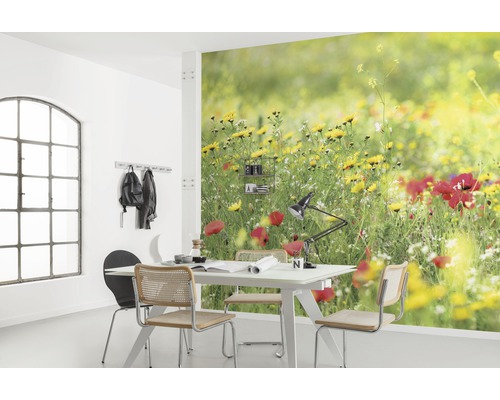 Vardagsrum med fototapet som visar en blomsteräng