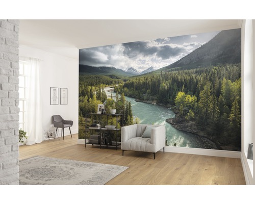 Vardagsrum med fototapet av ett flodlandskap med berg och träd