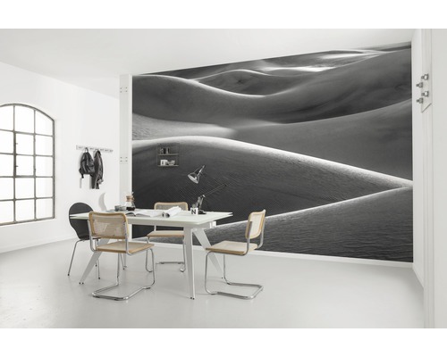 Vardagsrum med fototapet öken, bord och stolar