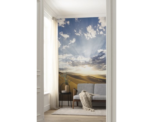 Vardagsrum med fototapet som visar ett ökenlandskap med himmel och moln