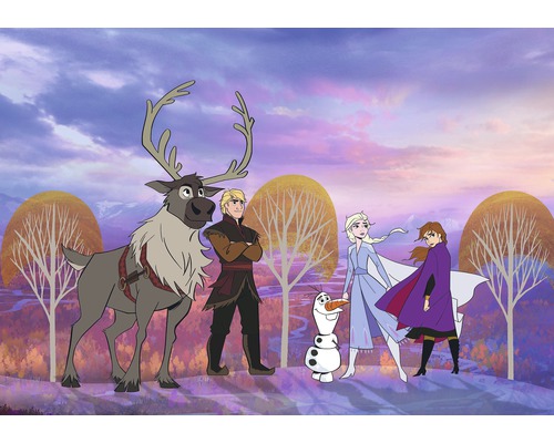 Scen med karaktärer från filmen Frost 2, inklusive renen Sven, Kristoffer, snögubben Olof, Elsa och Anna.