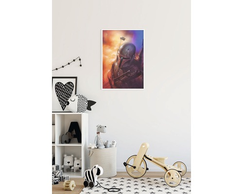 Inramad väggbild i barnrum med science fiction-tema