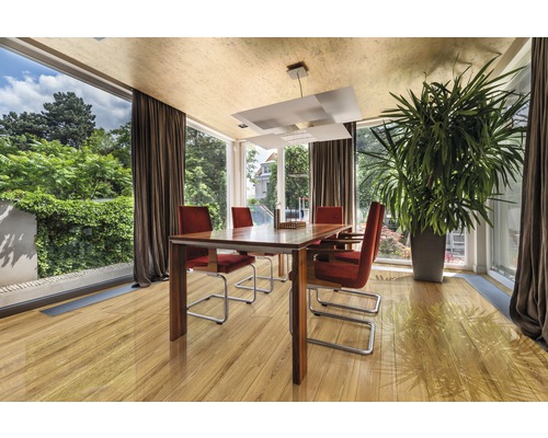 Ljus matsal med trägolv, matbord, stolar, krukväxt och dagsljus.