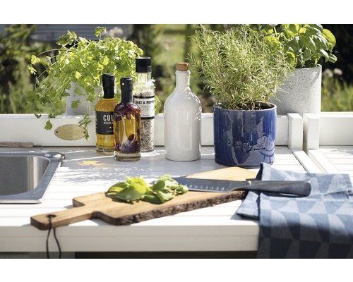 Scen av ett utekök med örter, olja, salt, peppar, skärbräda och en kniv