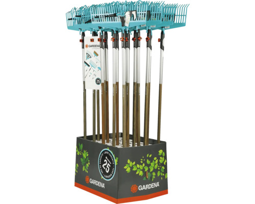 Säljställ med flera Gardena krattor med skaft