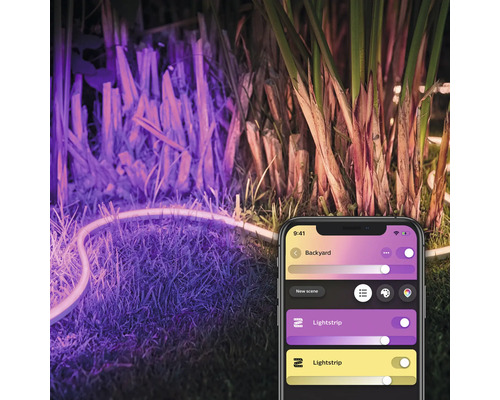 LED-ljusslinga lyser upp en trädgård, styrd via en smartphone-app.