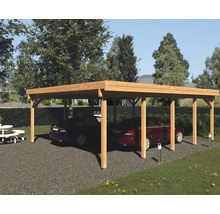 Dubbel carport av trä med två parkerade bilar