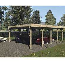 Dubbel carport av trä med två parkerade bilar