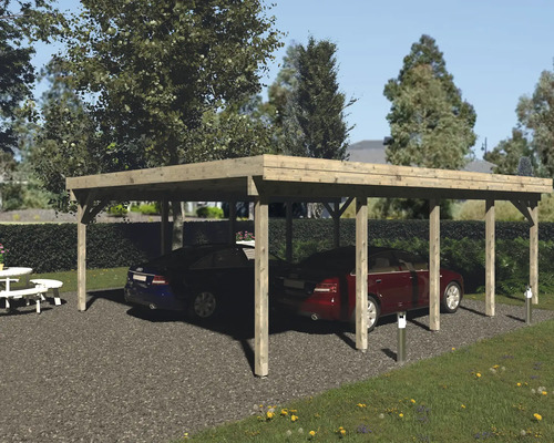 Dubbel carport av trä med två parkerade bilar