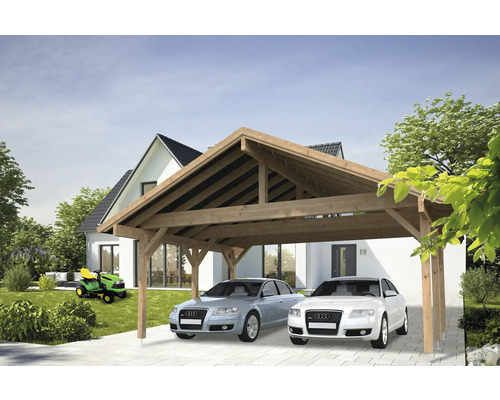 Dubbelcarport PALMAKO Robert 28,3m² (20,6m²) 635x510cm doppimregnerad brun Dubbel carport av trä med två bilar och en trädgårdstraktor i trädgården