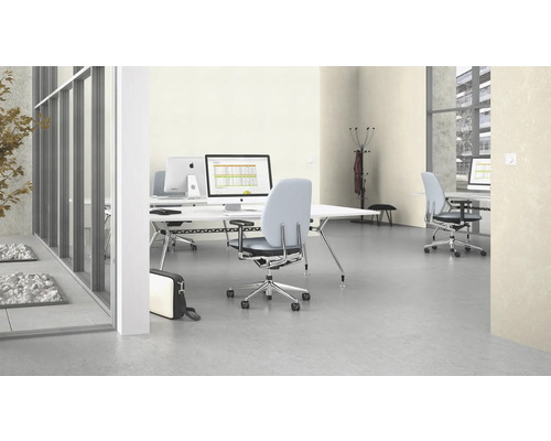 Kontor med skrivbord, kontorsstolar och datorer i ett ljust rum