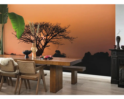 Vardagsrum med fototapet som visar ett träd i solnedgången, matbord och stolar
