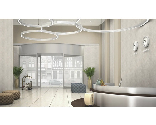 Entréhall med reception, bagagevagn, karuselldörr och ringformade lampor