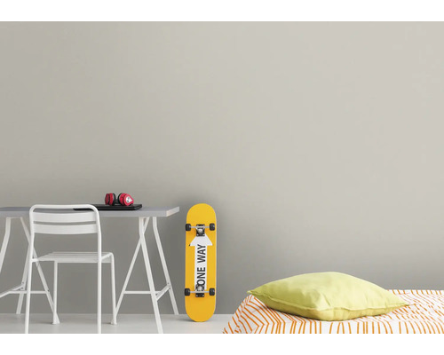 Ungdomsrum med skrivbord, stol, skateboard och säng
